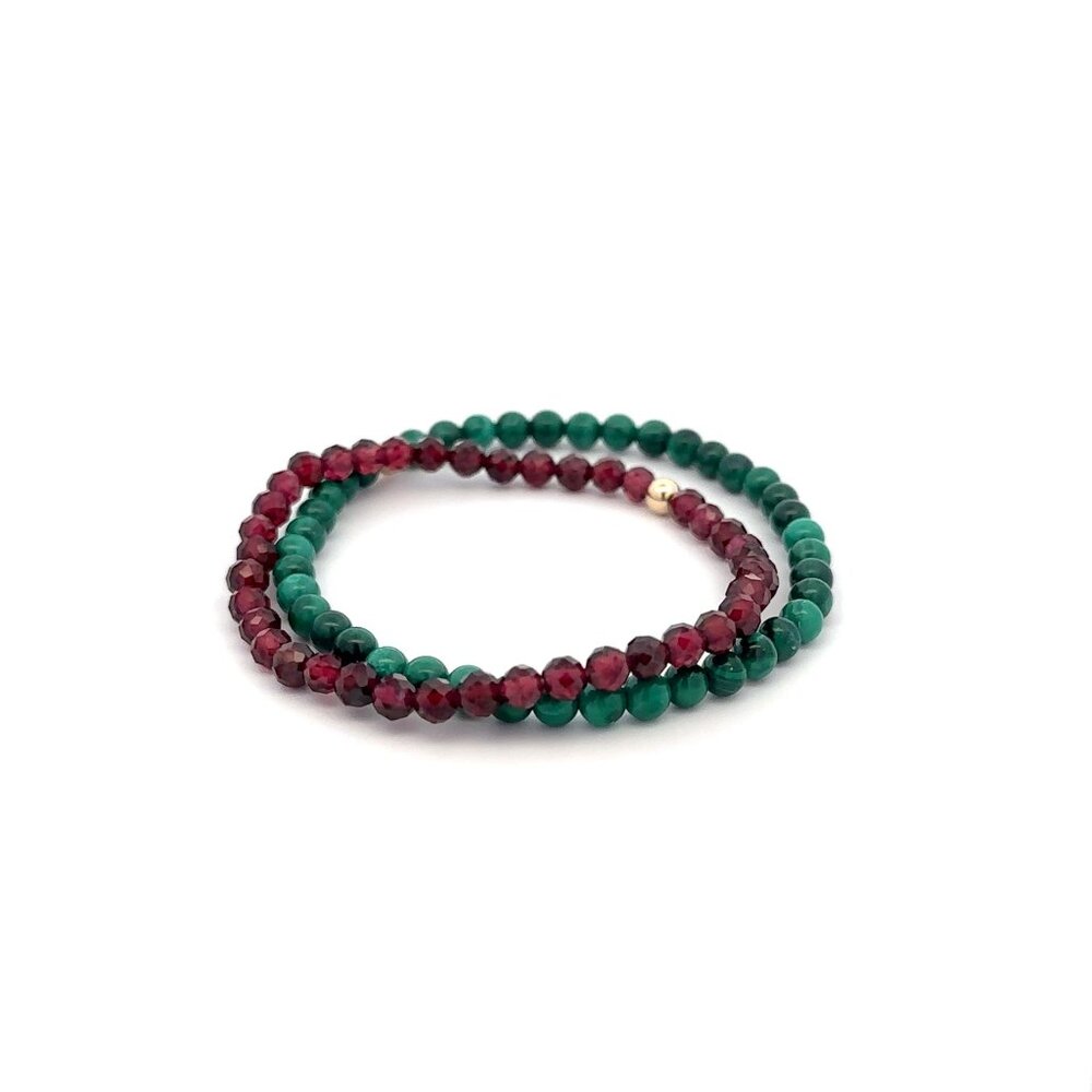 Garnet & Malachite Gemstone Stretch Bracelet with 14K Gold Accent Bead Handmade - Picture 4 of 6